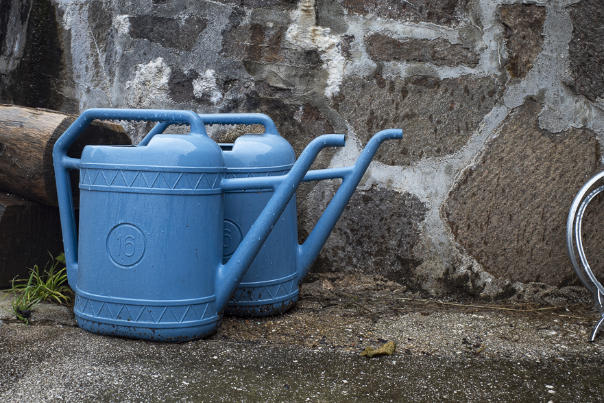 Zwei blaue Gießkannen in Camporosso